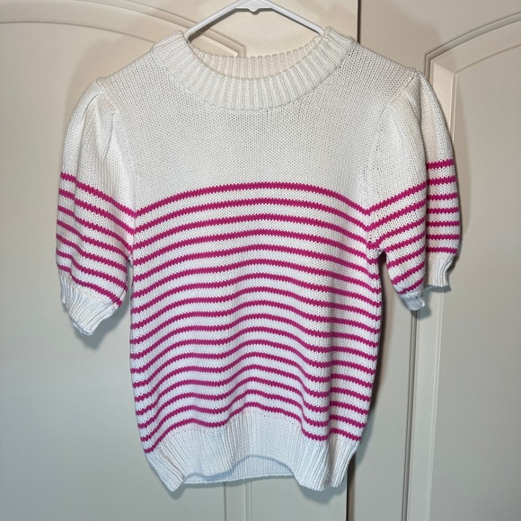 English‎ Factory Striped Puff Sleeve Sweater Short Sleeve Womens M White Pink - Picture 2 of 5